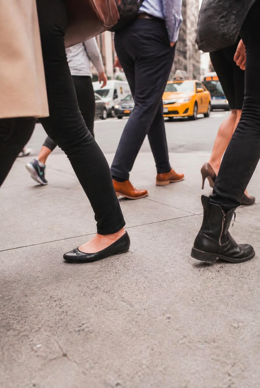 Diverse New Yorkers commuting on a city sidewalk, showing a variety of footwear from the waist down